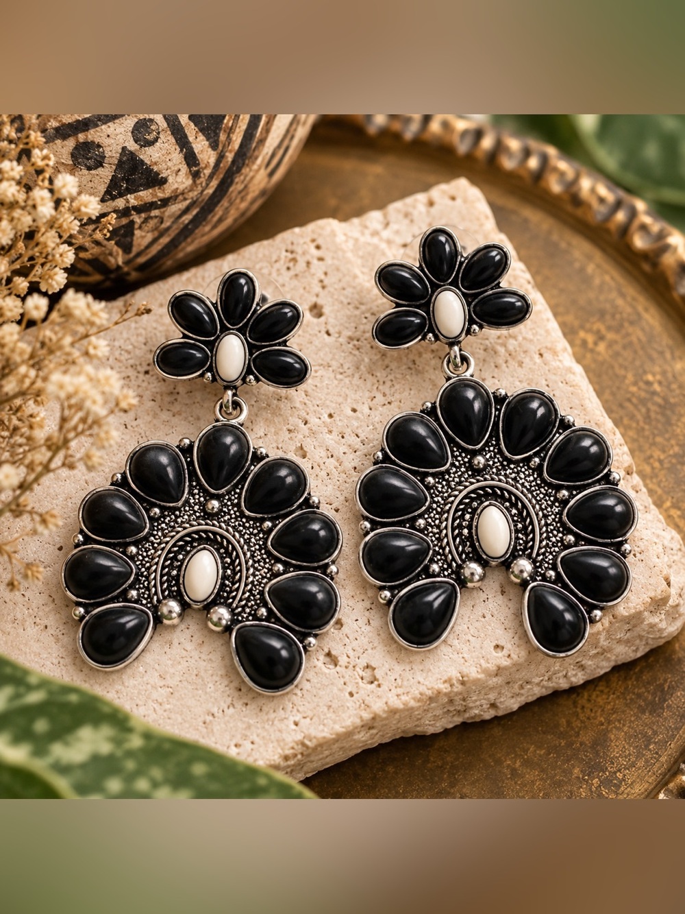 Black & Cream Stone Squash Blossom Earrings Bohemian Boho Southwestern NEW Gift